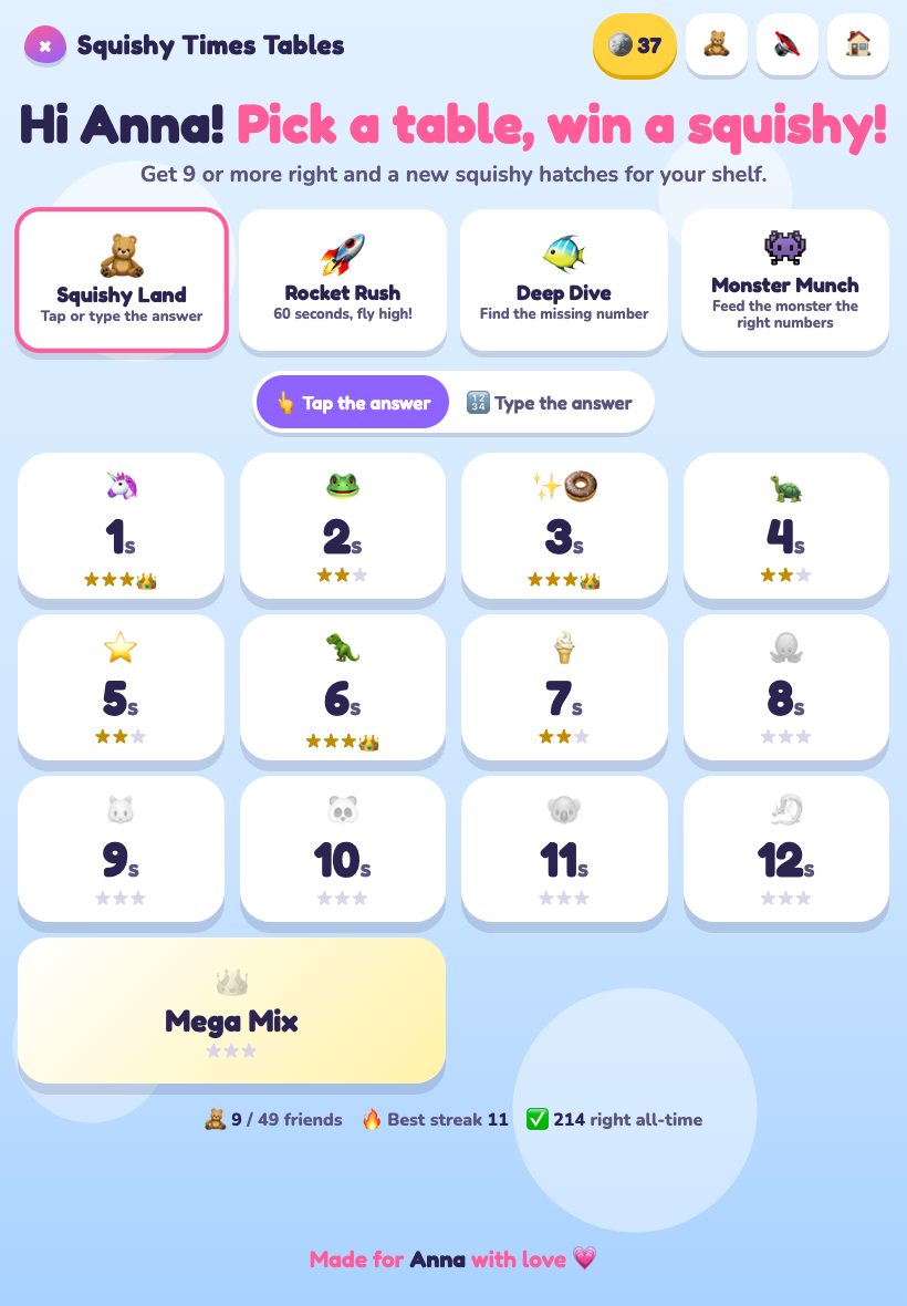 The student home screen: a greeting by name, four world tiles, and a 4-by-3 grid of times tables 1 through 12, each showing the friend earned and a star rating.