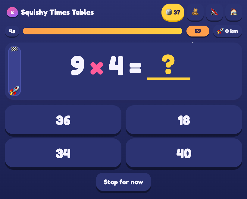 A Rocket Rush question on a starry background with a 59-second countdown and a rocket lane on the left.