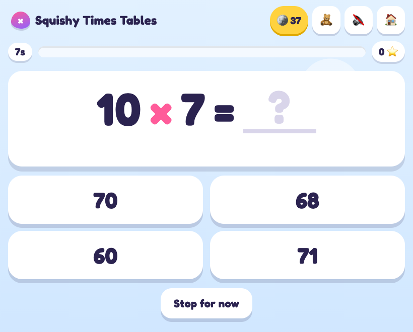 A Squishy Land question: 7 times 8 equals blank, with four large answer buttons.